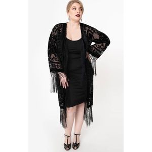 Unique Vintage - Black Devore Velvet Lattice Scarf Coat - One Size